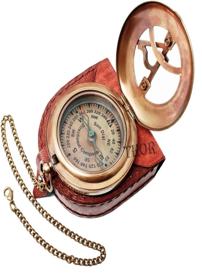 THOR INSTRUMENTS Brass Sundial Compass with Leather Case and Chain | Push Open Compass | Vintage Steampunk Accessory Pocket Compass | Beautiful Handmade Gift Sundial Clock | Antiquated Finish Pocket Compass - Image 2